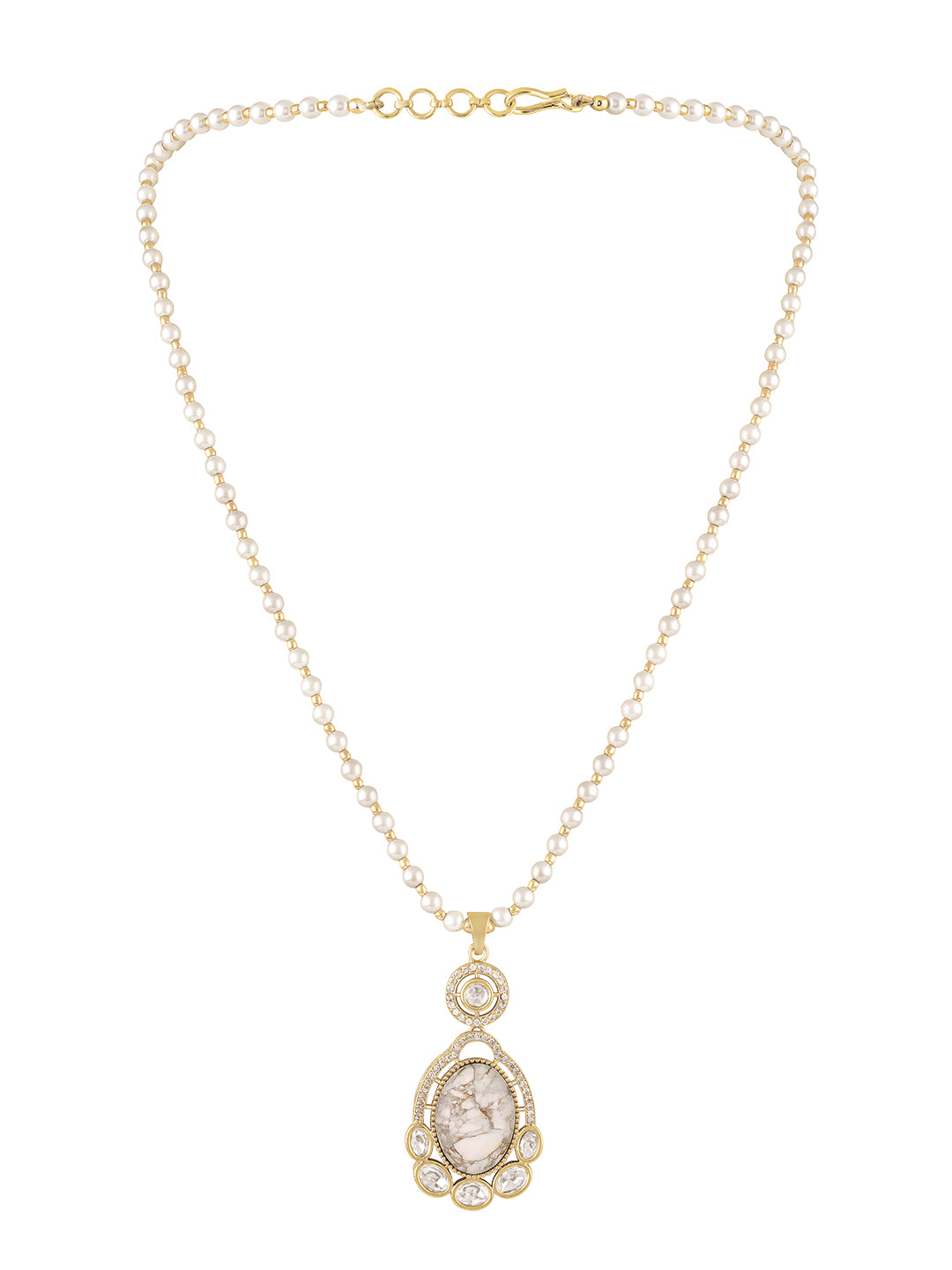 Itrani  Marble Style Centre Stone Pendant Necklace Set with Pearl Mala – Anti-Tarnish Brass Jewelry with Statement White Stone