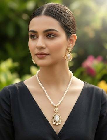 Itrani  Marble Style Centre Stone Pendant Necklace Set with Pearl Mala – Anti-Tarnish Brass Jewelry with Statement White Stone