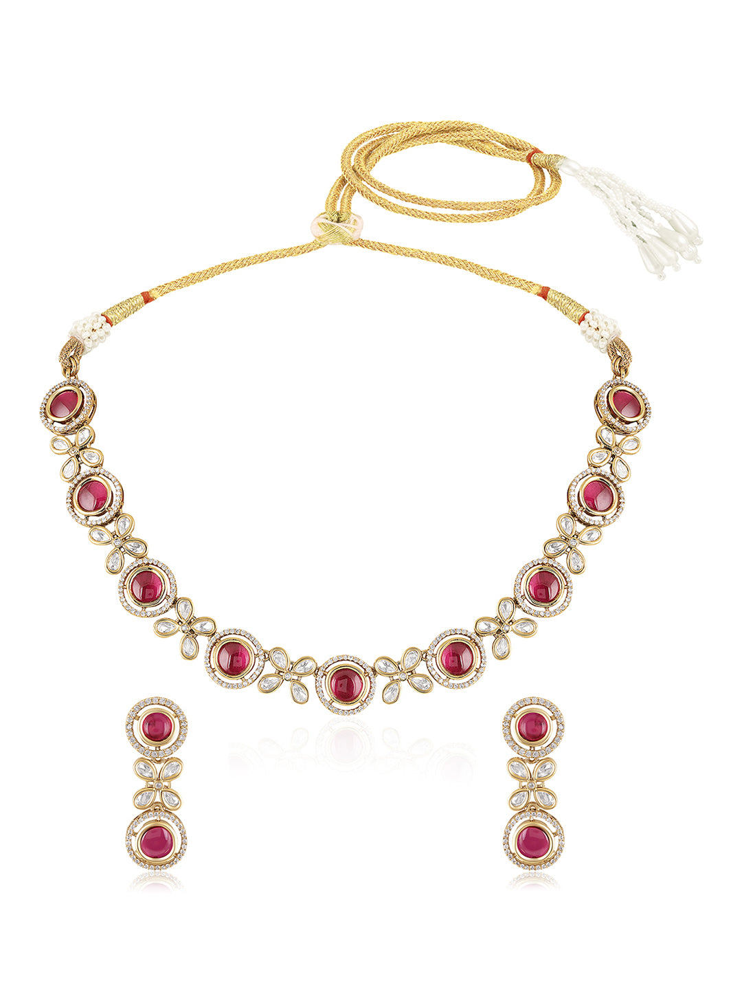 Itrani Rani Bloom Centre Stone With Clear Polki Necklace Set – Bridal Jewelry in Antique Brass