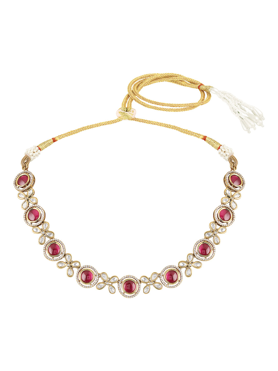 Itrani Rani Bloom Centre Stone With Clear Polki Necklace Set – Bridal Jewelry in Antique Brass