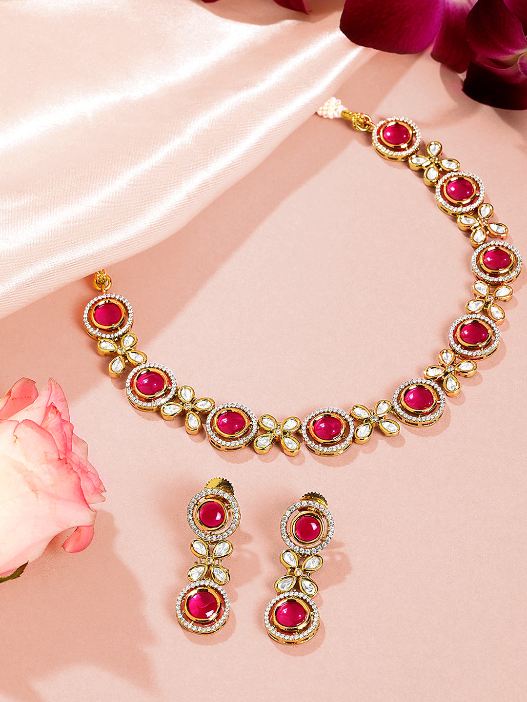 Itrani Rani Bloom Centre Stone With Clear Polki Necklace Set – Bridal Jewelry in Antique Brass