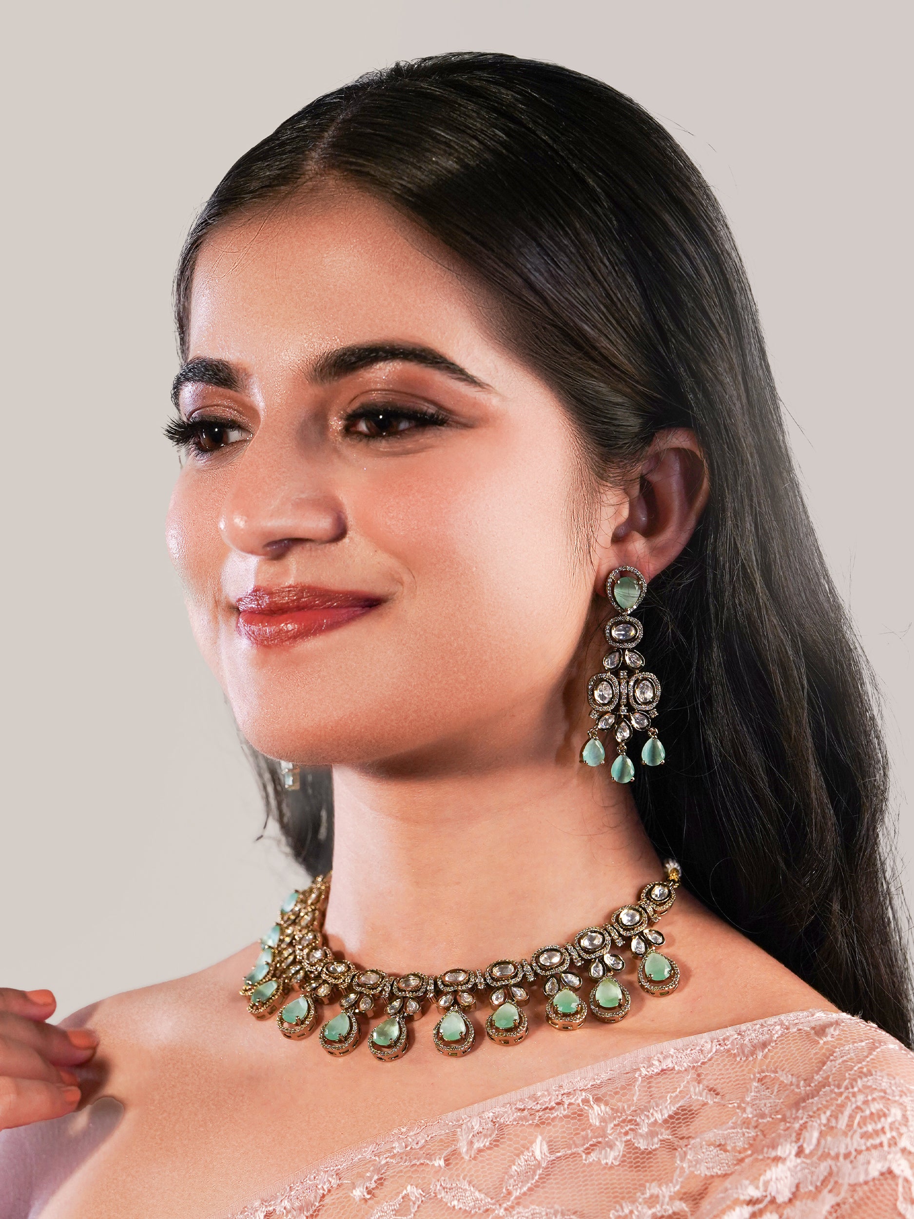 Itrani mint green Stone droplets Necklace Set – Luxe Heritage Edit