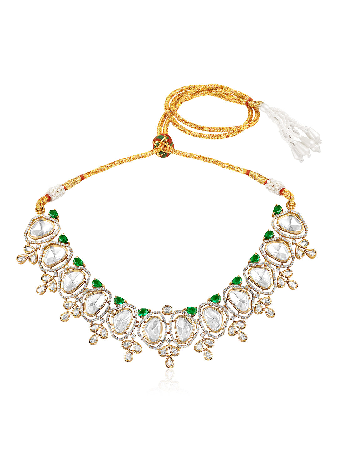 Itrani Royal Emerald |Setting stone with clear Polki Stone Necklace Set – Brass Anti-Tarnish Finish