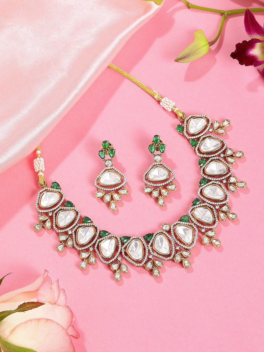 Itrani Royal Emerald |Setting stone with clear Polki Stone Necklace Set – Brass Anti-Tarnish Finish