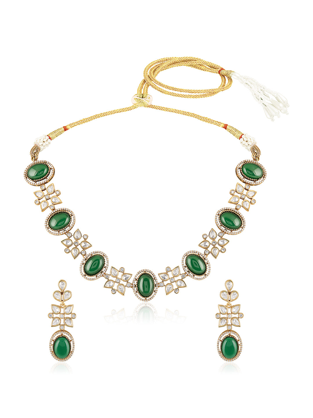 Itrani Royal Emerald Glow Necklace Set – Clear Polki Stone Floral Brass Jewelry