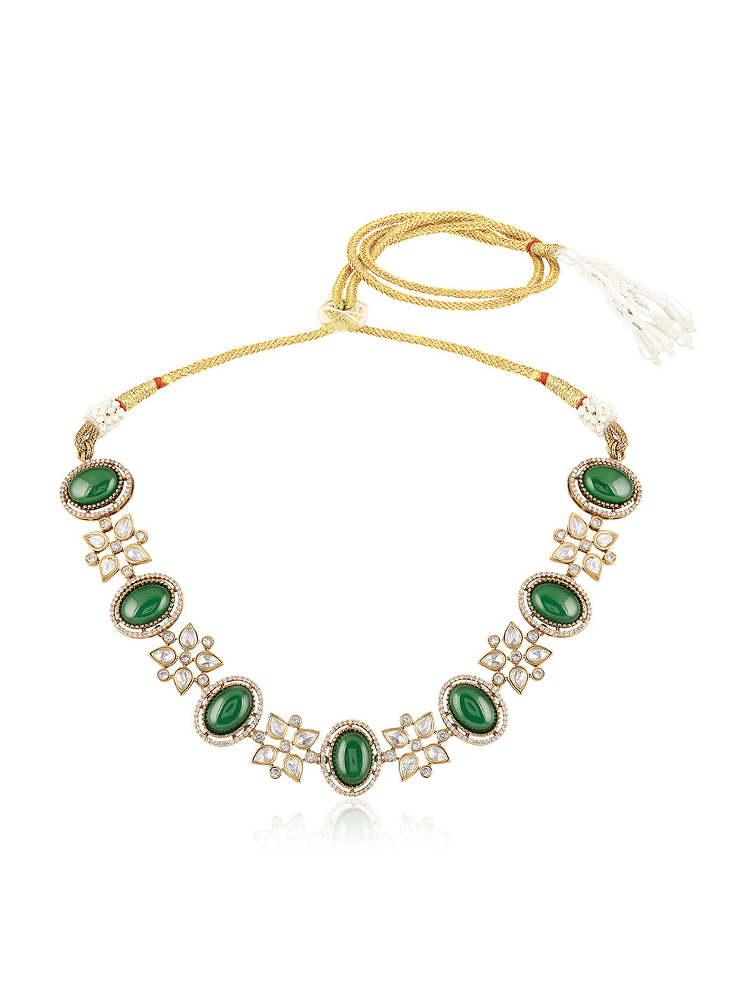Itrani Royal Emerald Glow Necklace Set – Clear Polki Stone Floral Brass Jewelry