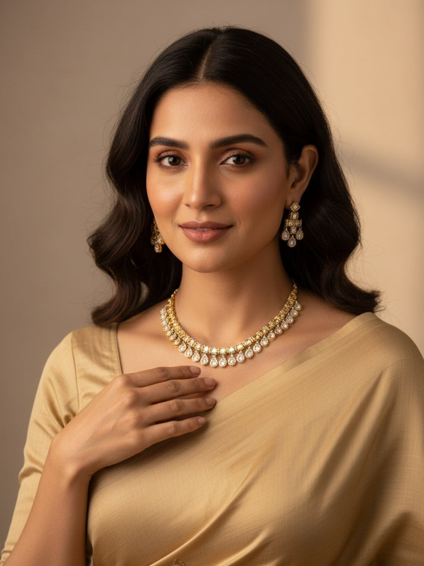 Itrani Premium Radiance Clear Polki Stone With Uncut Diamonds Necklace Set with Dangling Earring – Anti-Tarnish Brass Jewelry