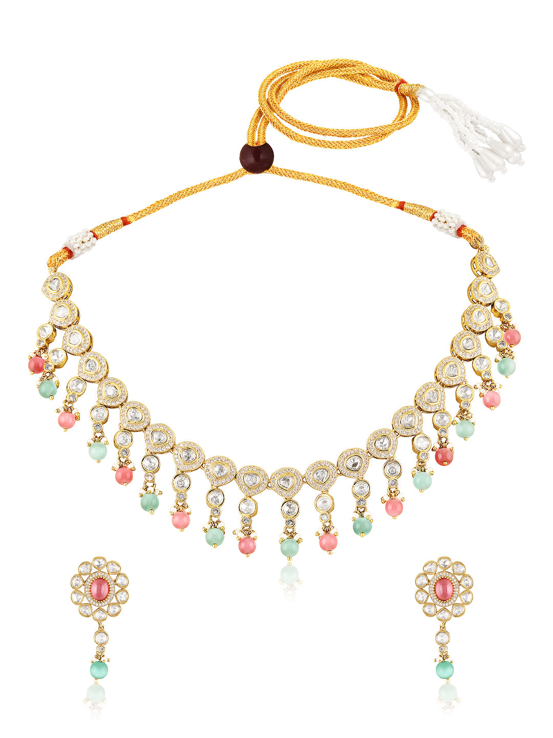 Itrani Pastel Bloom Clear Polki Stone Necklace Set – Pink & Mint Bead Brass Jewelry