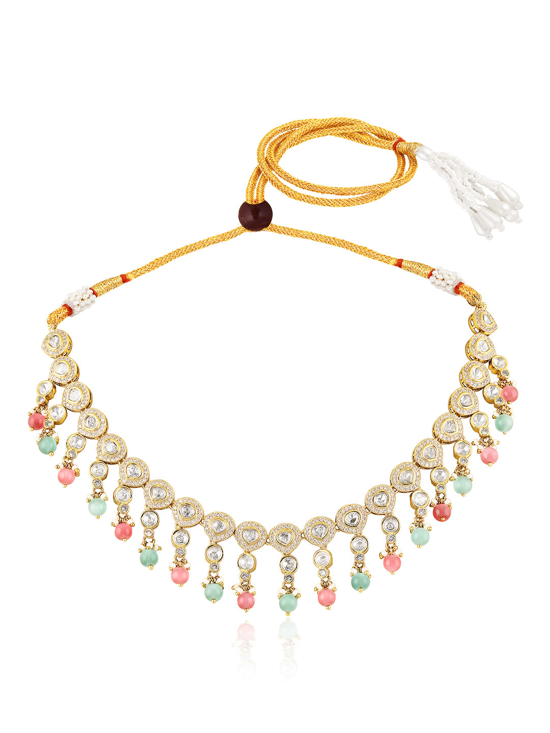 Itrani Pastel Bloom Clear Polki Stone Necklace Set – Pink & Mint Bead Brass Jewelry