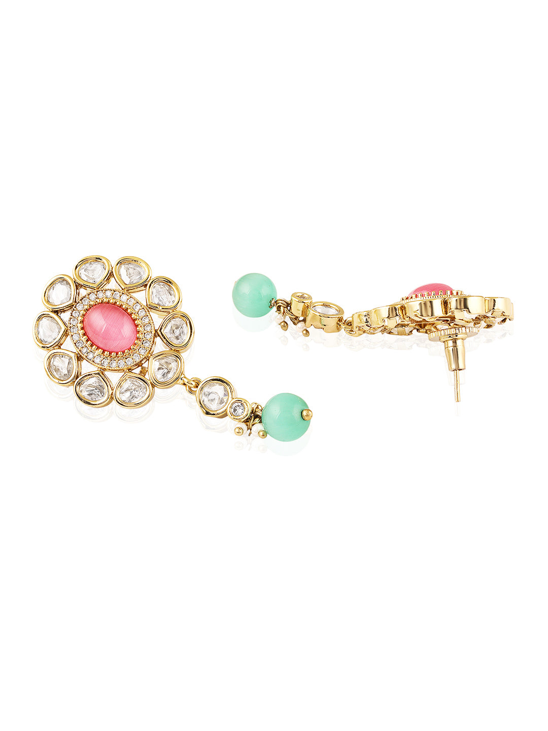 Itrani Pastel Bloom Clear Polki Stone Necklace Set – Pink & Mint Bead Brass Jewelry