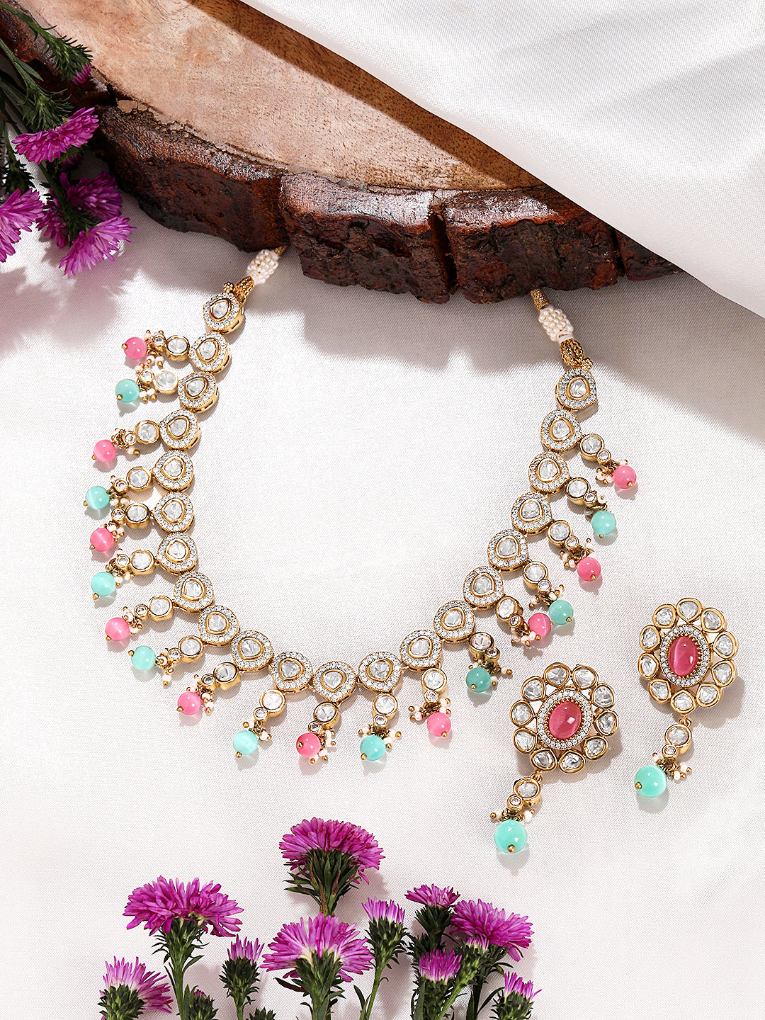Itrani Pastel Bloom Clear Polki Stone Necklace Set – Pink & Mint Bead Brass Jewelry