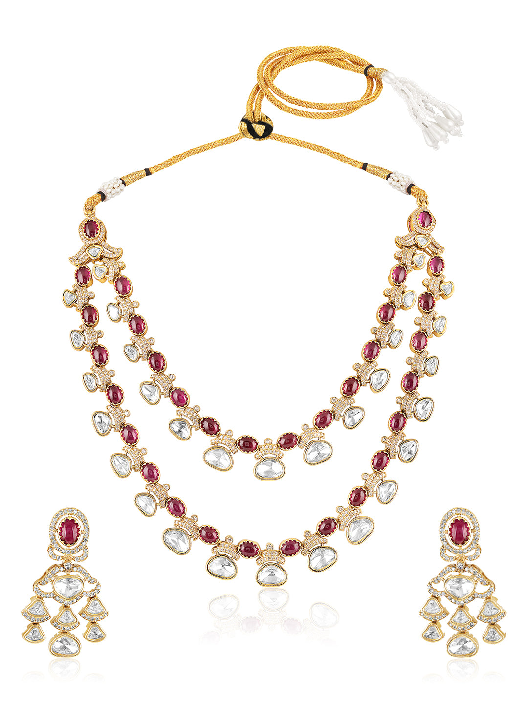 Itrani Ruhani Dual Layer Rani Stone Necklace Set – Clear Polki Stone Brass Jewelry for Festive Glam