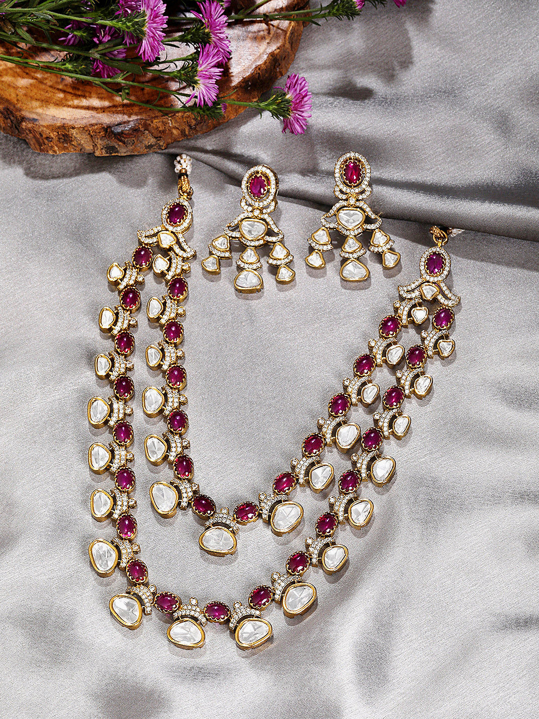 Itrani Ruhani Dual Layer Rani Stone Necklace Set – Clear Polki Stone Brass Jewelry for Festive Glam