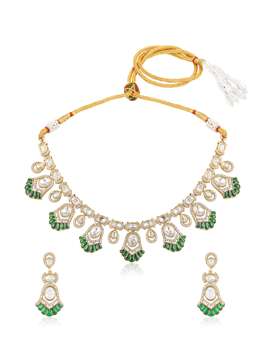 Itrani Ishya Green Fan Motif Necklace Set – Clear Polki Stone Choker in Brass Finish