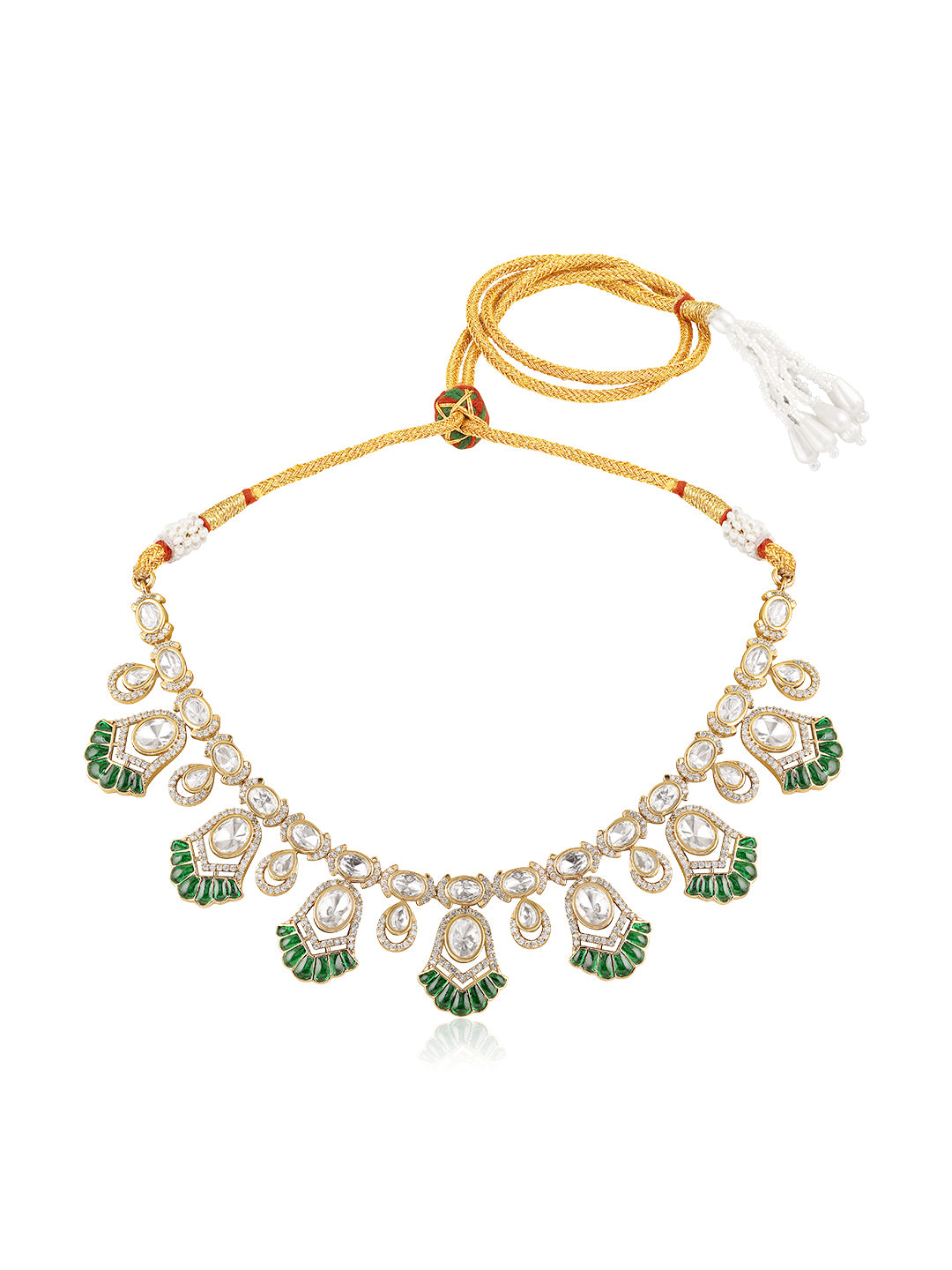 Itrani Ishya Green Fan Motif Necklace Set – Clear Polki Stone Choker in Brass Finish
