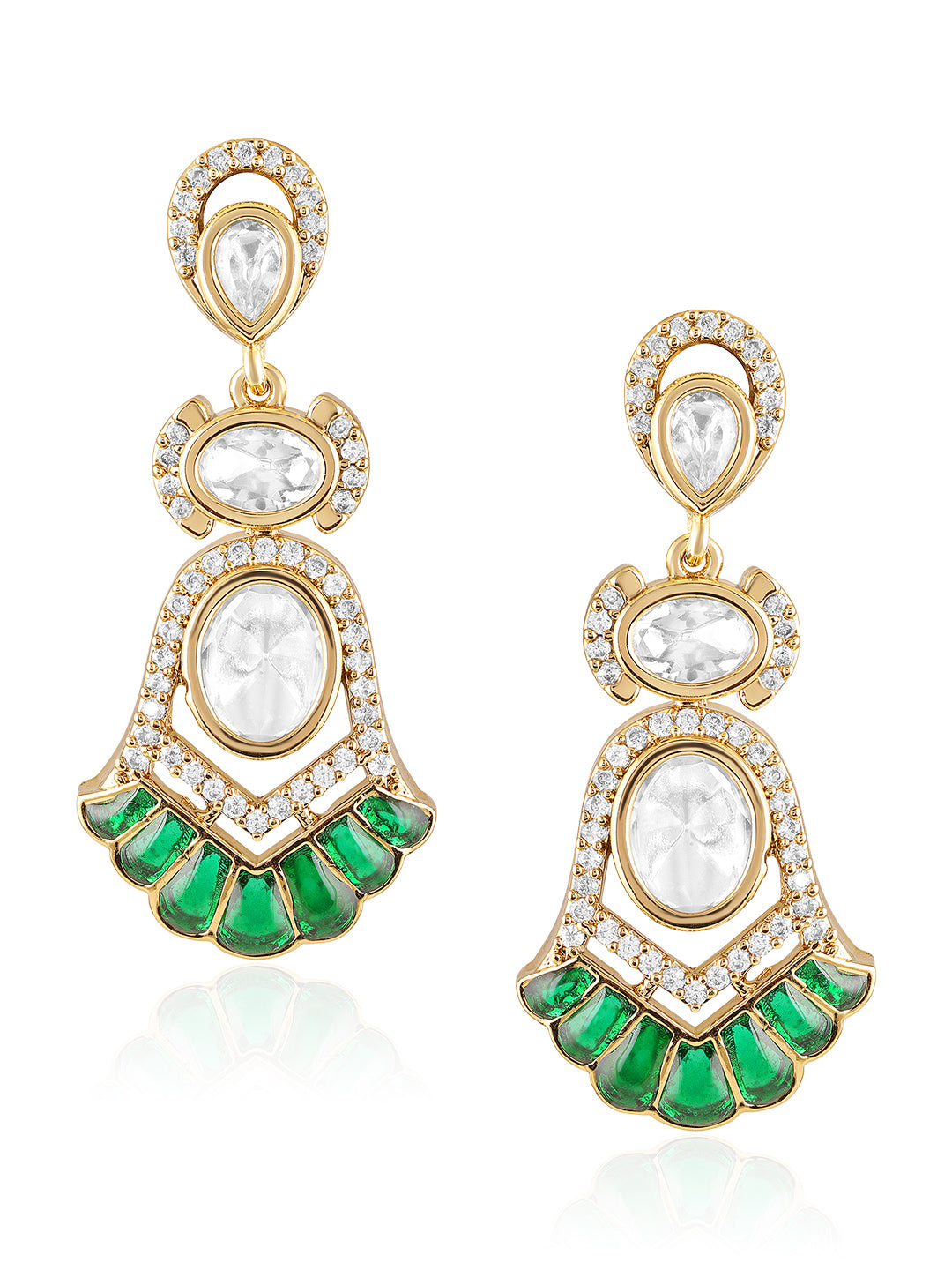 Itrani Ishya Green Fan Motif Necklace Set – Clear Polki Stone Choker in Brass Finish
