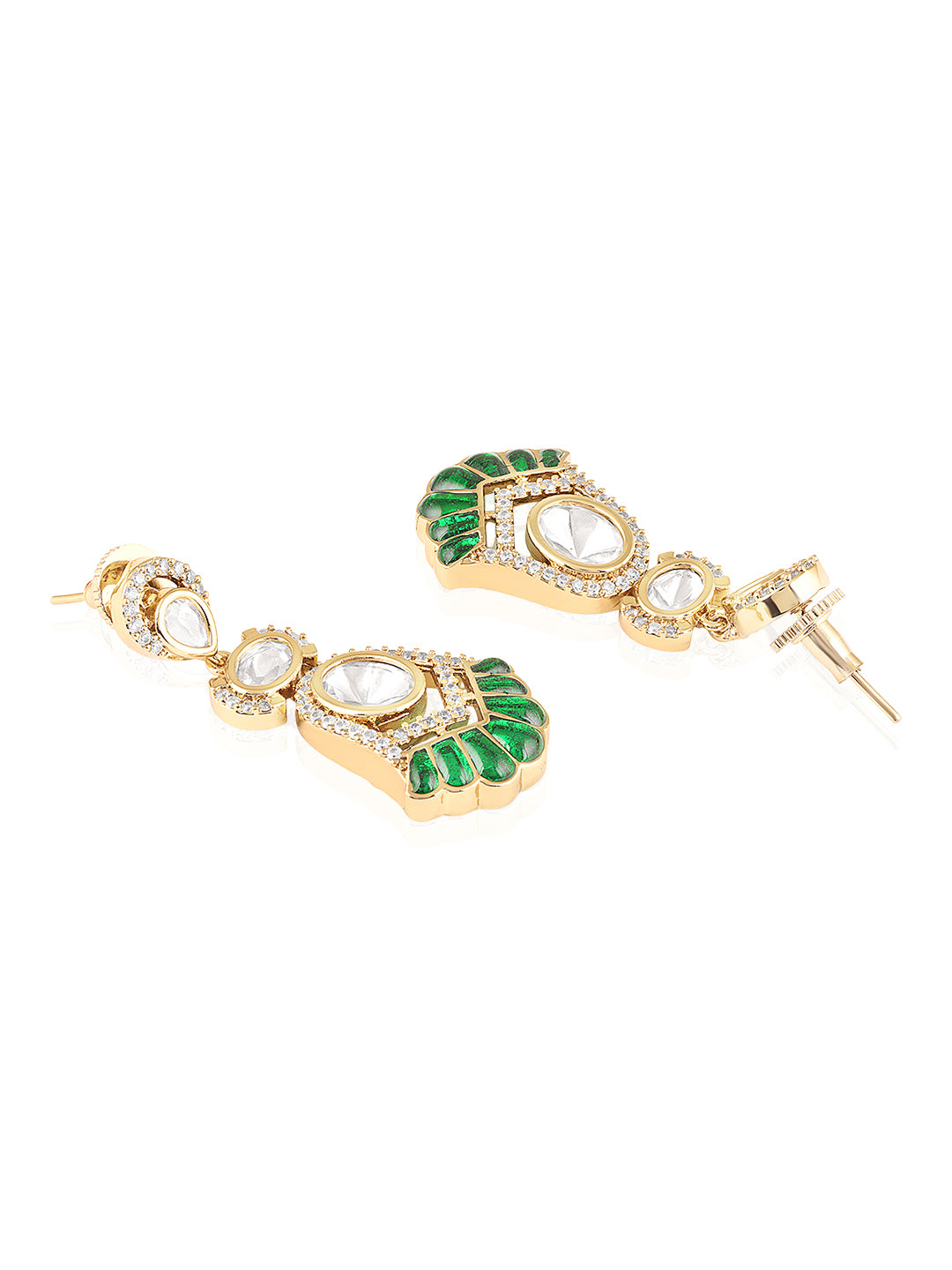 Itrani Ishya Green Fan Motif Necklace Set – Clear Polki Stone Choker in Brass Finish