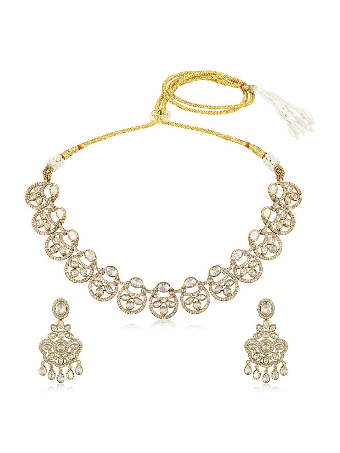 Itrani Crystal Cascade Clear Polki With Setting Stone Necklace Set – Statement Brass Jewelry