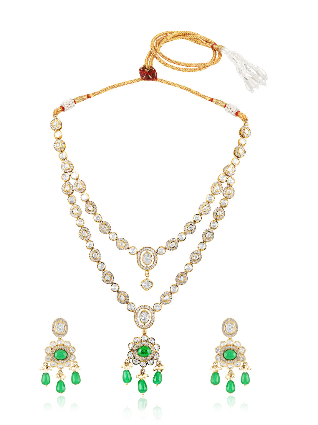 Itrani Noor Emerald Green Droplets with Emerald centre Stone Necklace Set – Dual Layer Antique Brass Finish