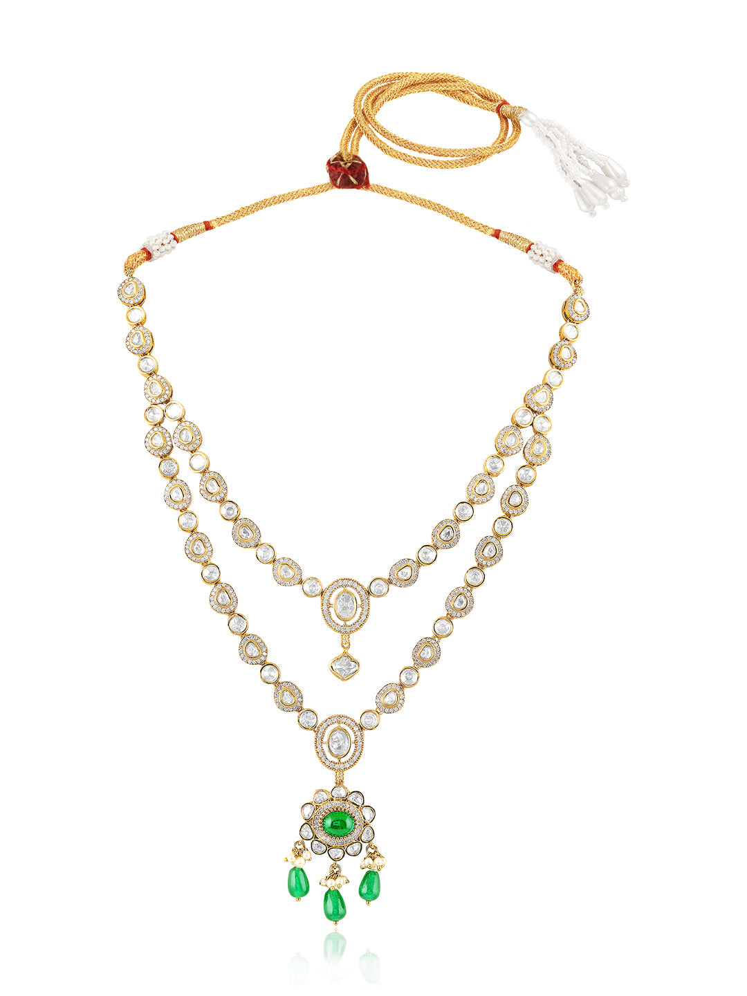 Itrani Noor Emerald Green Droplets with Emerald centre Stone Necklace Set – Dual Layer Antique Brass Finish