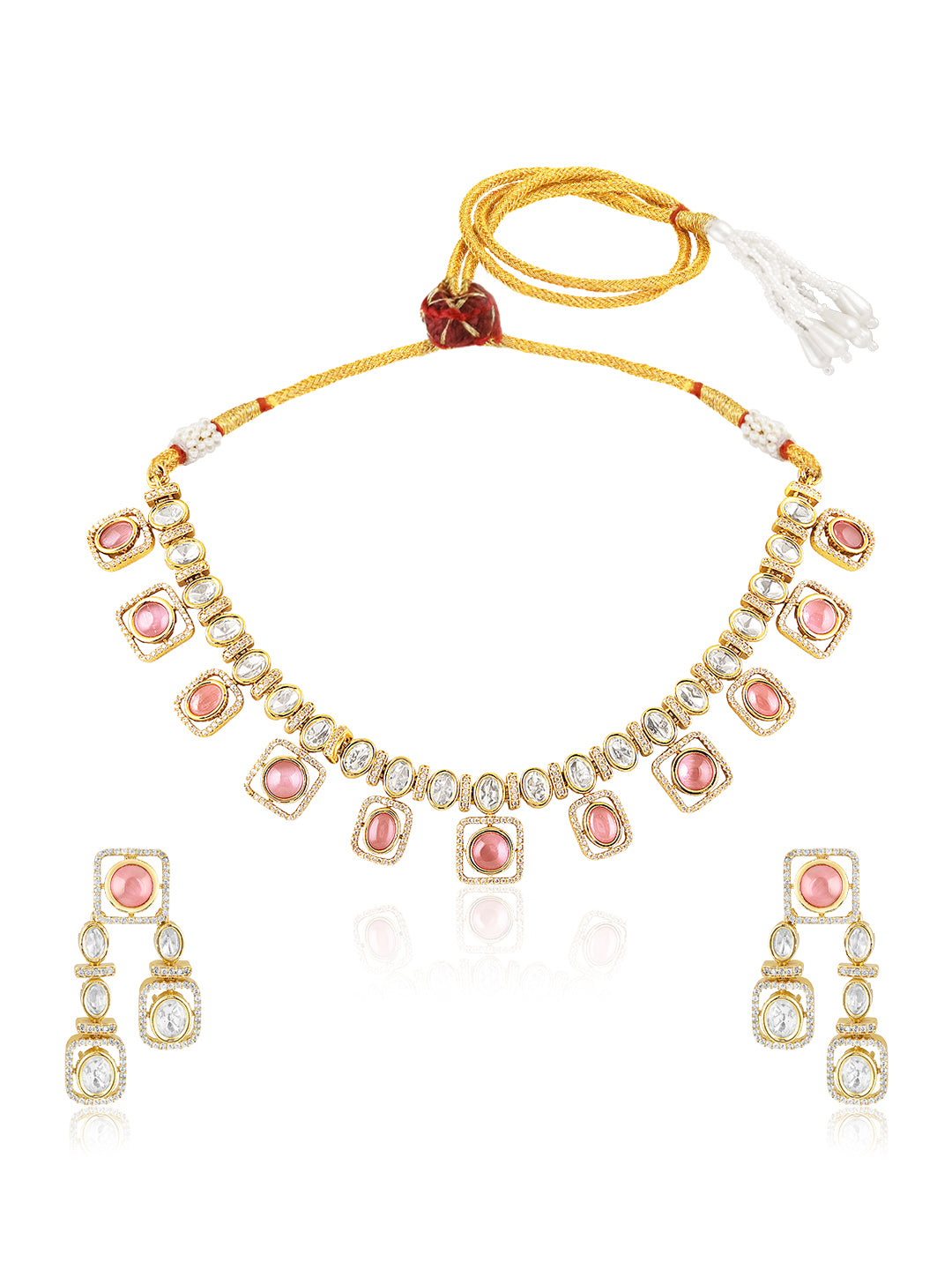 Itrani Blush Shine Pink Stone Brass Jewelry Necklace Set with Anti-Tarnish Finish