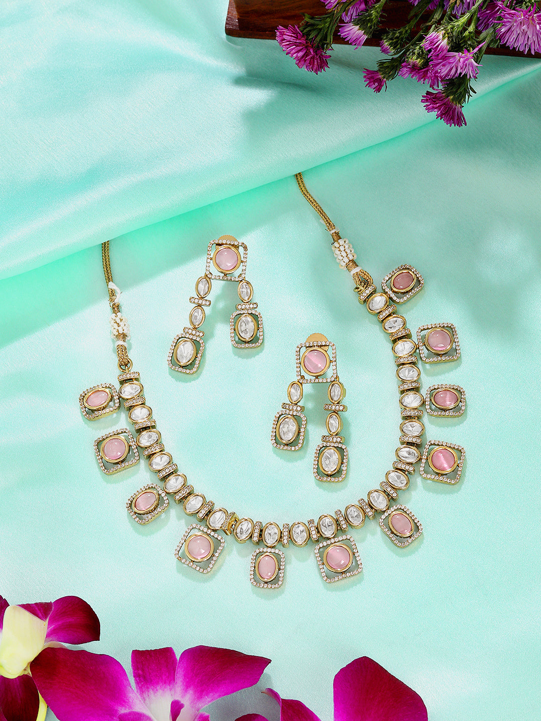Itrani Blush Shine Pink Stone Brass Jewelry Necklace Set with Anti-Tarnish Finish