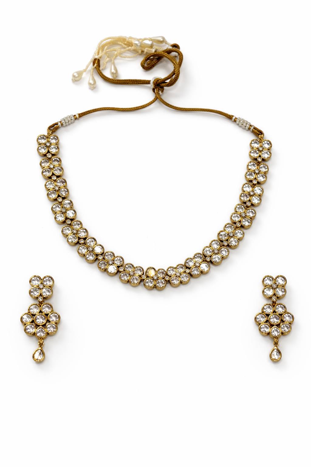 Itrani  Floral Charm Clear Polki Stone Necklace Set