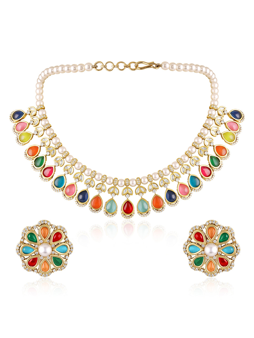 Itrani Radiant Navratna Multi Colour Drop with Pearl String Necklace Set – Multicolor Stone Brass Jewellery (Anti-Tarnish)