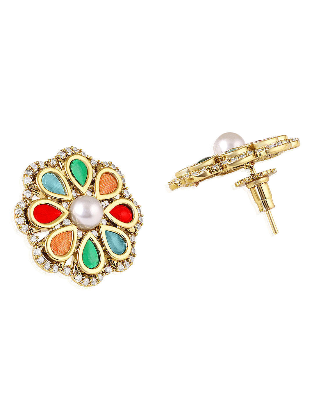 Itrani Radiant Navratna Multi Colour Drop with Pearl String Necklace Set – Multicolor Stone Brass Jewellery (Anti-Tarnish)