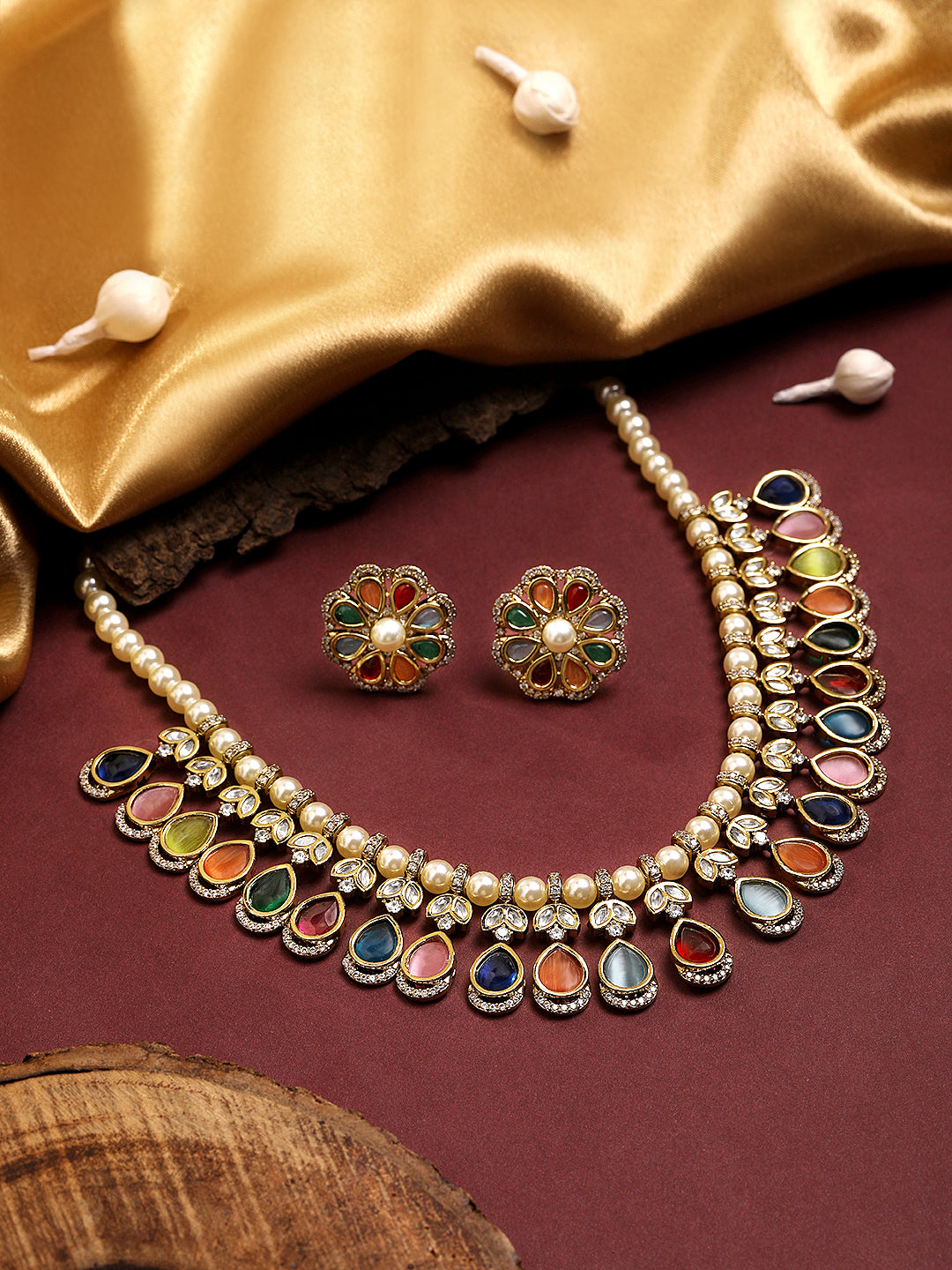 Itrani Radiant Navratna Multi Colour Drop with Pearl String Necklace Set – Multicolor Stone Brass Jewellery (Anti-Tarnish)