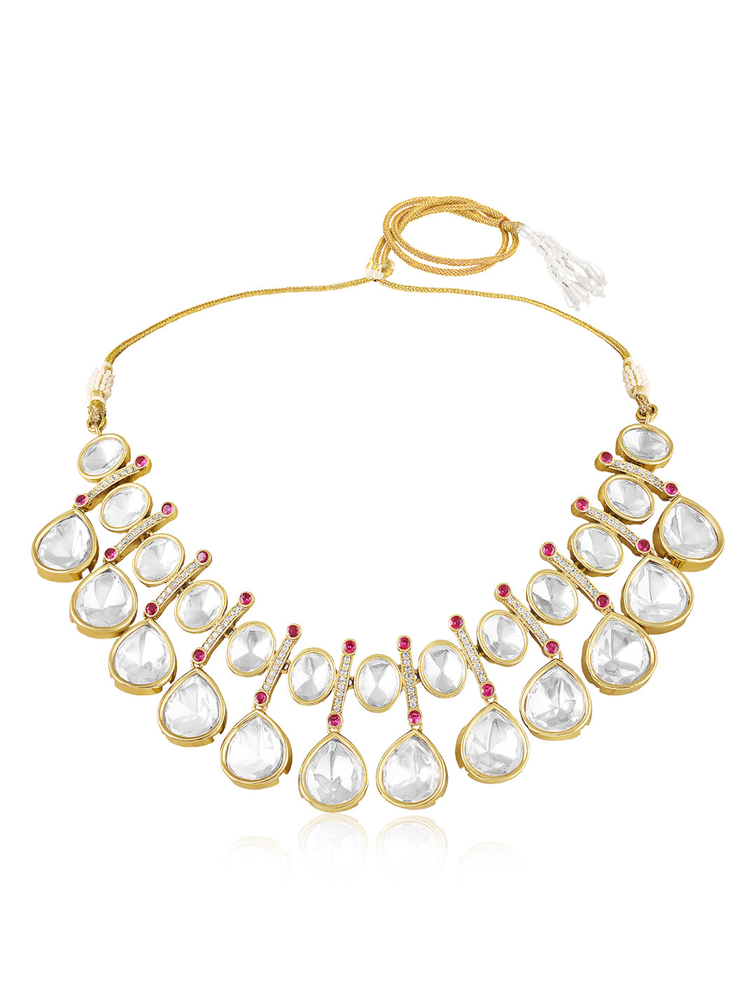 Itrani Royal Radiance Moissanite Polki Drops Stone with Ruby small synthetic Stones Brass Necklace Set