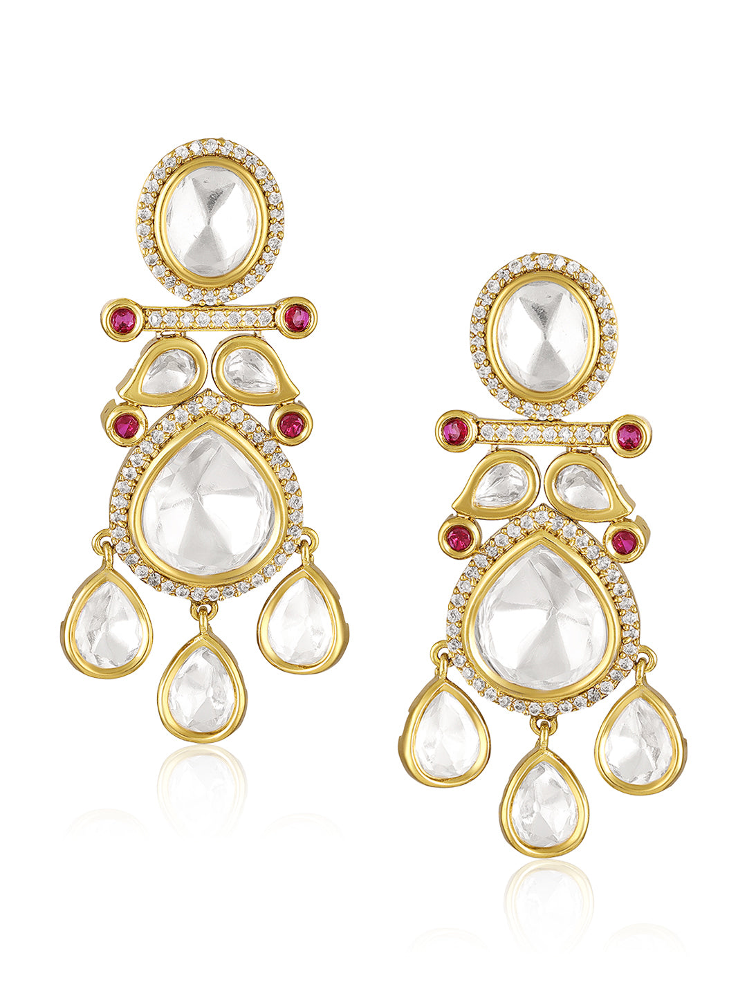 Itrani Royal Radiance Moissanite Polki Drops Stone with Ruby small synthetic Stones Brass Necklace Set