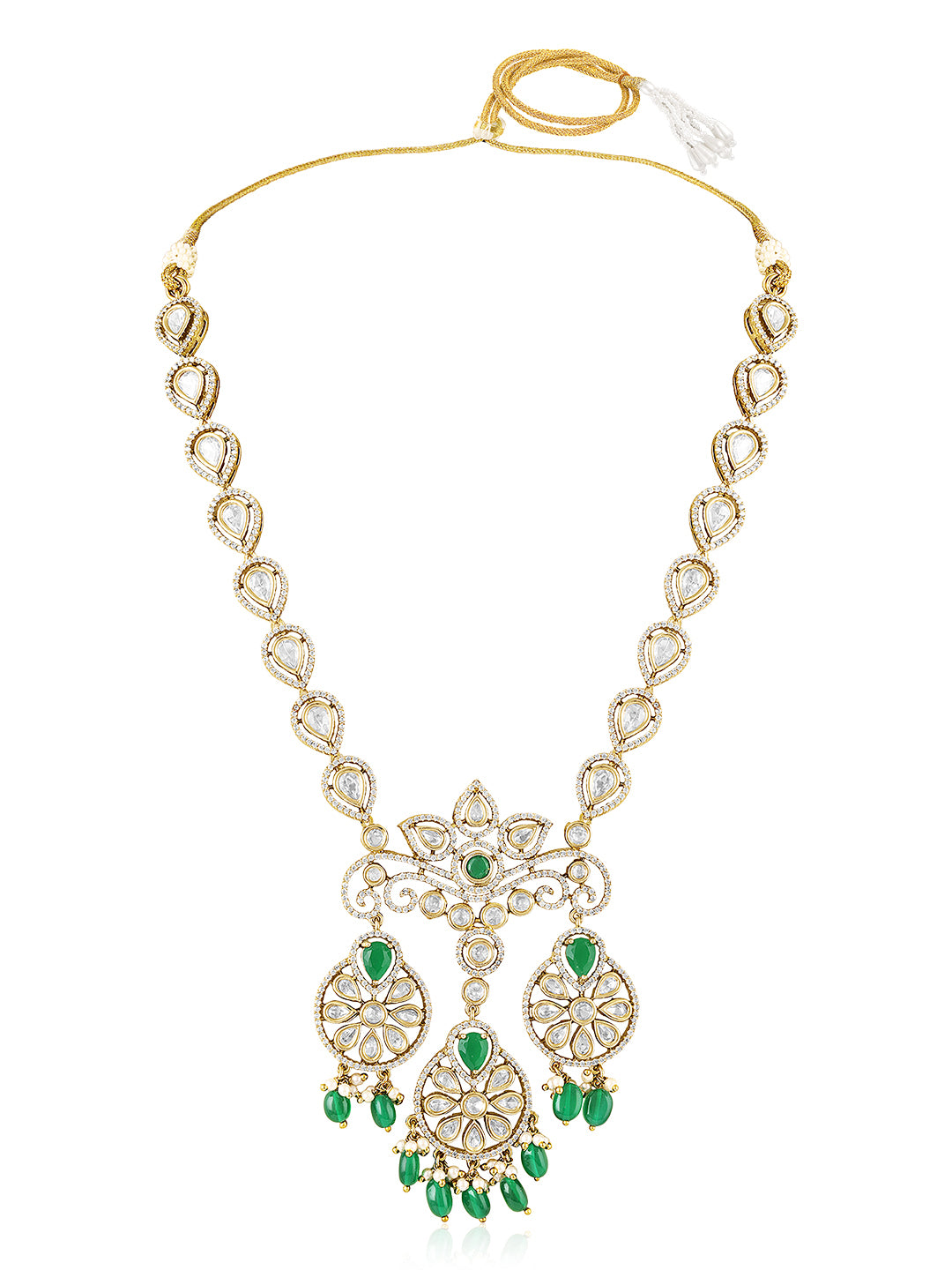 Itrani Lavish Uncut Diamond Emerald Stone and droplets with Moissanite Polki Long PartyWear Necklace Set for Weddings