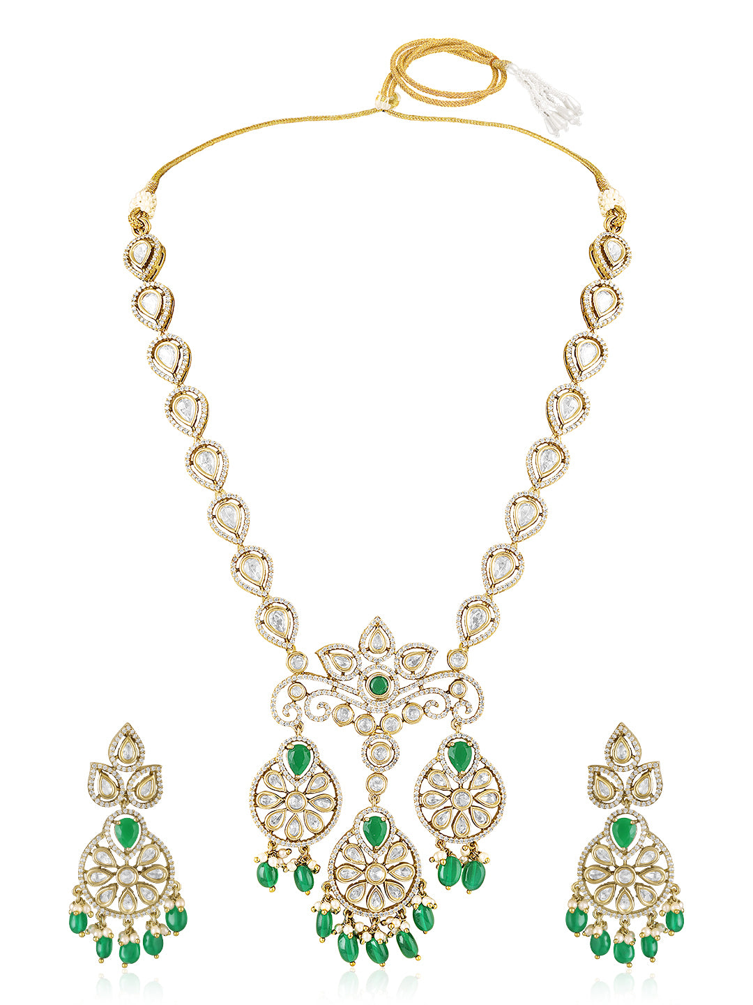 Itrani Lavish Uncut Diamond Emerald Stone and droplets with Moissanite Polki Long PartyWear Necklace Set for Weddings