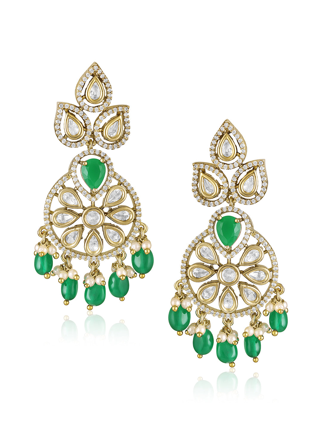 Itrani Lavish Uncut Diamond Emerald Stone and droplets with Moissanite Polki Long PartyWear Necklace Set for Weddings