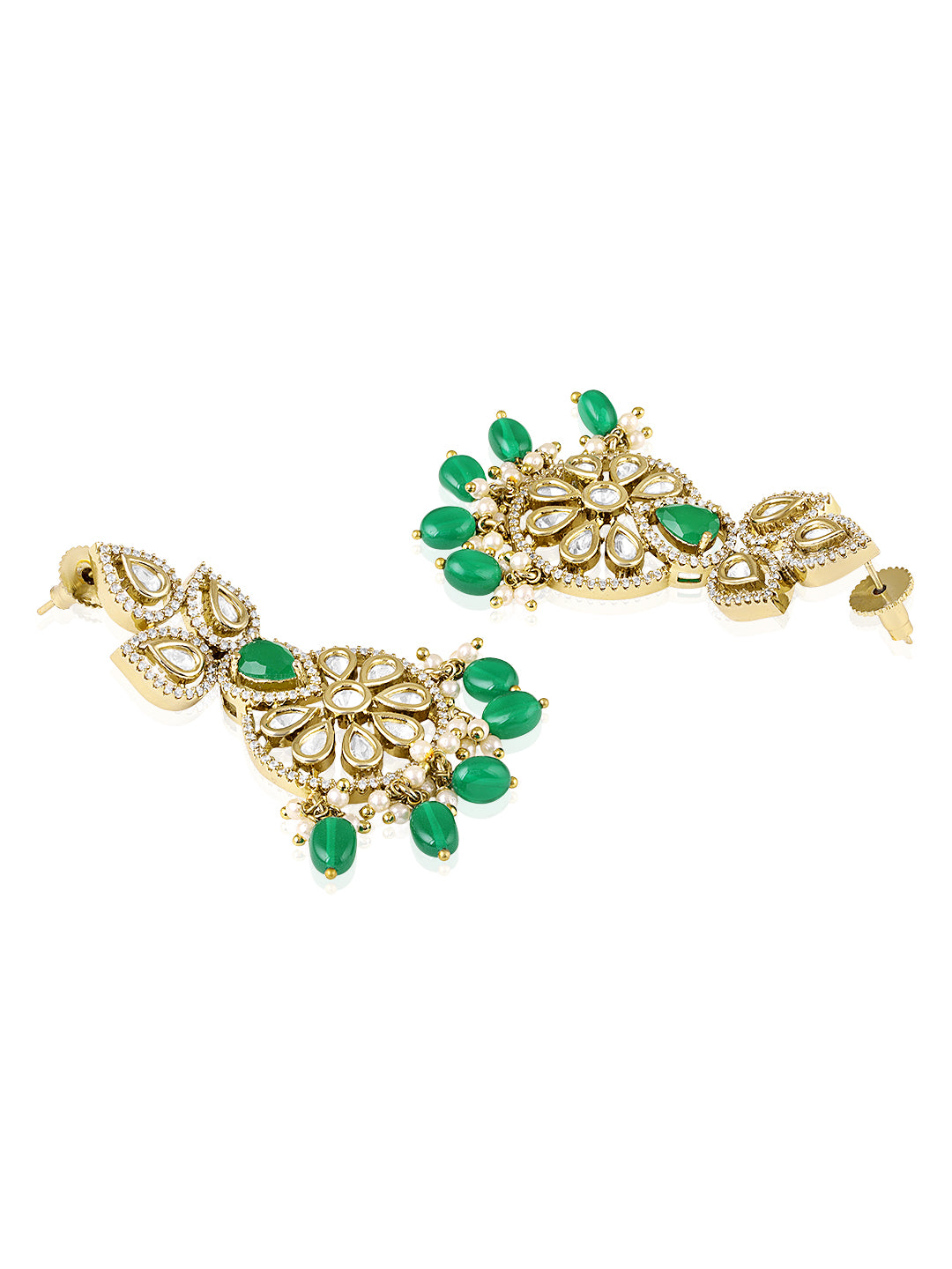 Itrani Lavish Uncut Diamond Emerald Stone and droplets with Moissanite Polki Long PartyWear Necklace Set for Weddings