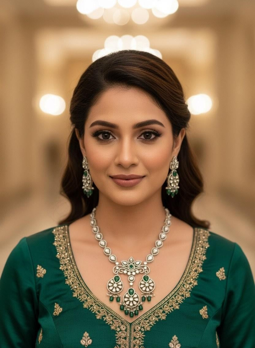 Itrani Lavish Uncut Diamond Emerald Stone and droplets with Moissanite Polki Long PartyWear Necklace Set for Weddings