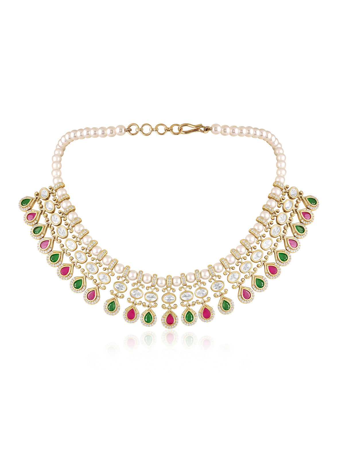 Itrani Pearl Regal Ruby & Emerald Polki Stones Necklace Set With Dangling Earring