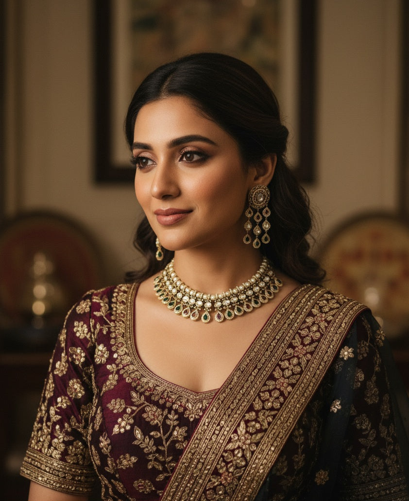 Itrani Pearl Regal Ruby & Emerald Polki Stones Necklace Set With Dangling Earring