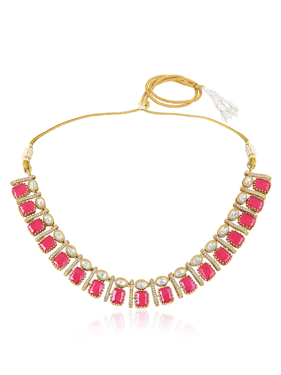 Itrani Royal Ruby Glow Brass Necklace Set – Anti-Tarnish Ruby Squre Stone with Matching Earrings