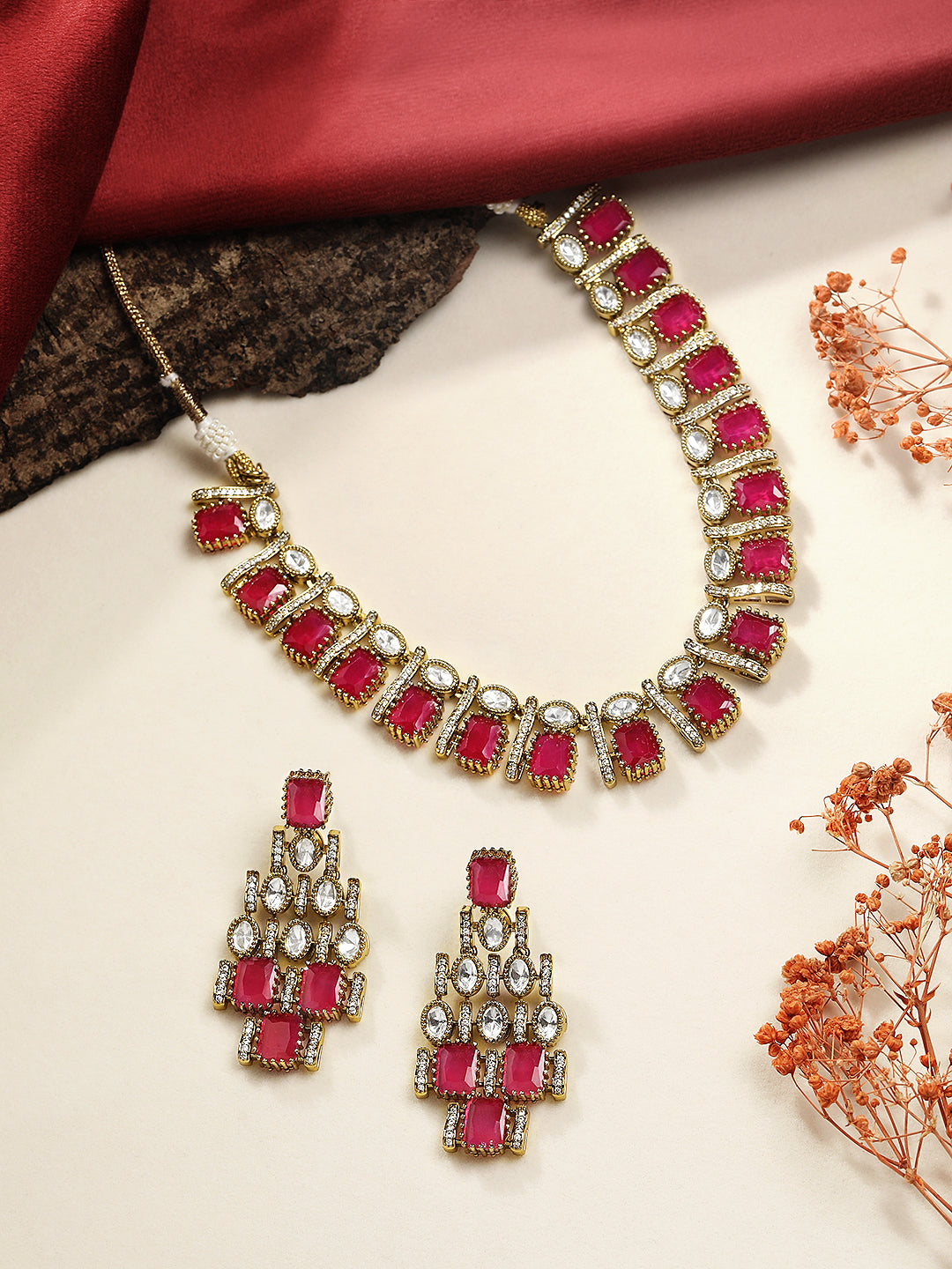 Itrani Royal Ruby Glow Brass Necklace Set – Anti-Tarnish Ruby Squre Stone with Matching Earrings