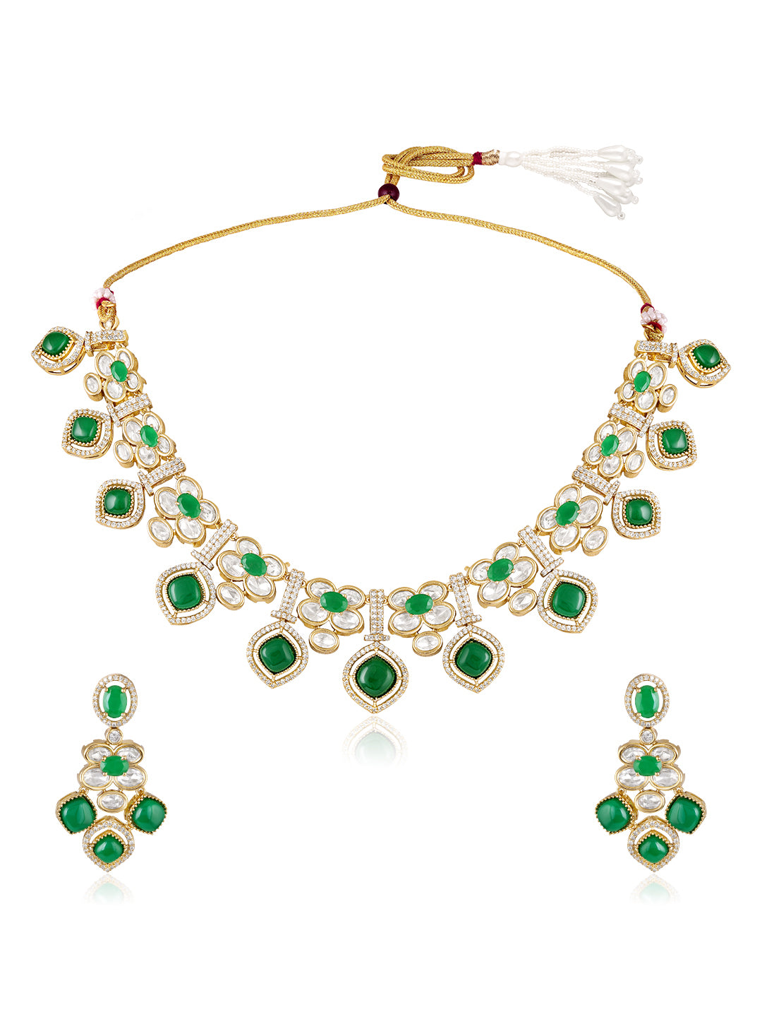 Itrani Royal Emerald Green LeafStyle Clear polki Stone  Necklace Set