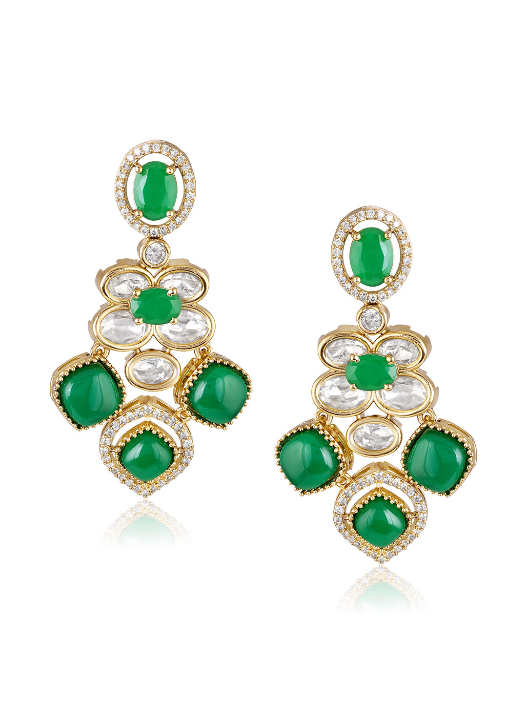 Itrani Royal Emerald Green LeafStyle Clear polki Stone  Necklace Set