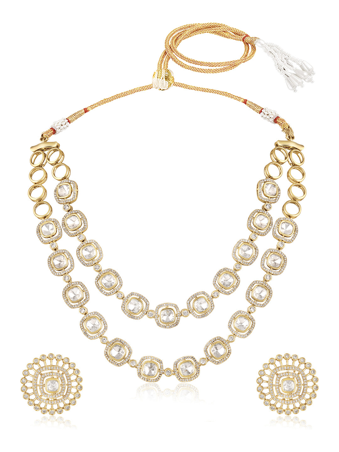 Itrani Royal Moissanite Stone Double Layer Clear Polki Brass Necklace Set with Tops Earring