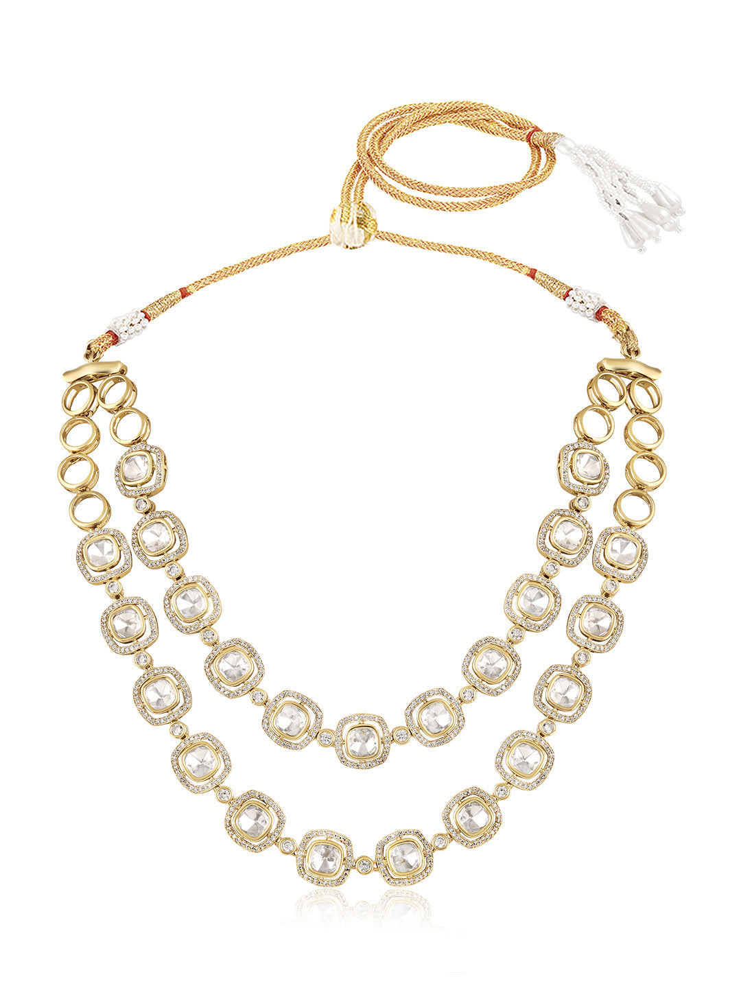 Itrani Royal Moissanite Stone Double Layer Clear Polki Brass Necklace Set with Tops Earring