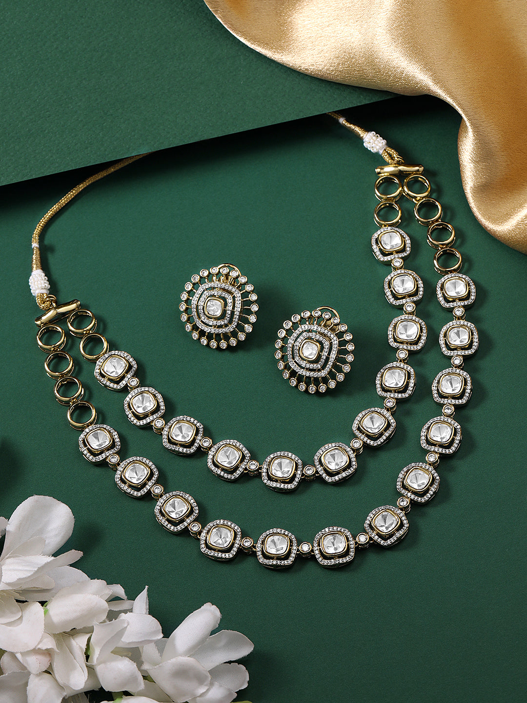 Itrani Royal Moissanite Stone Double Layer Clear Polki Brass Necklace Set with Tops Earring