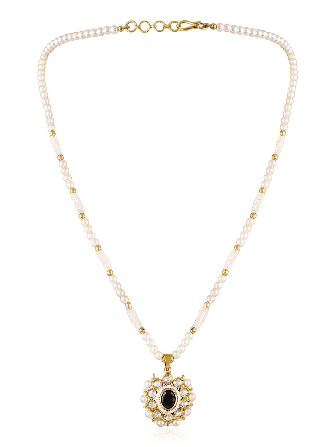 Itrani Royal Pearl Mala with Black Centre Stone and Clear Polki Pendant  Necklace Set  with Matching Stud Earrings