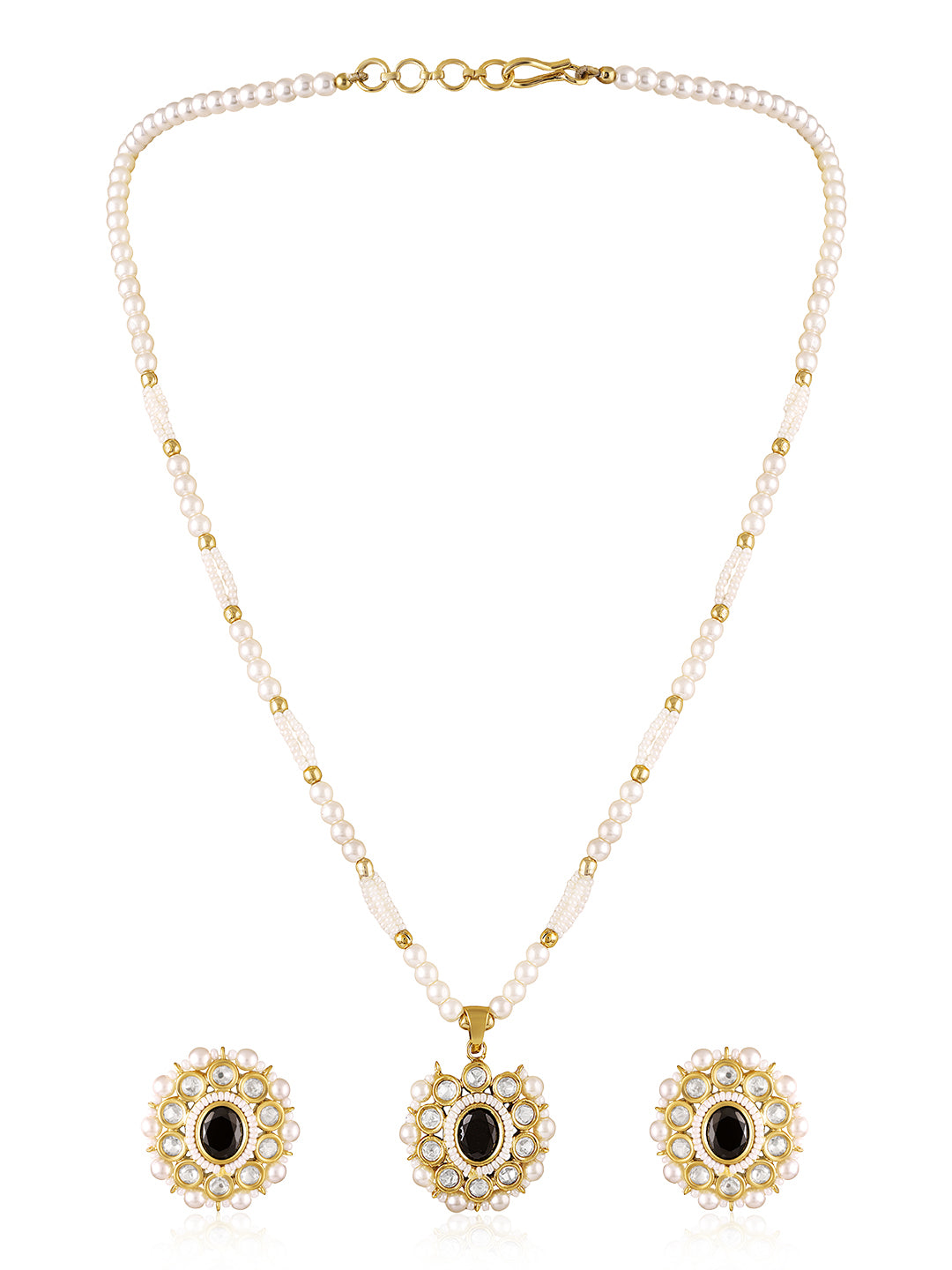 Itrani Royal Pearl Mala with Black Centre Stone and Clear Polki Pendant  Necklace Set  with Matching Stud Earrings