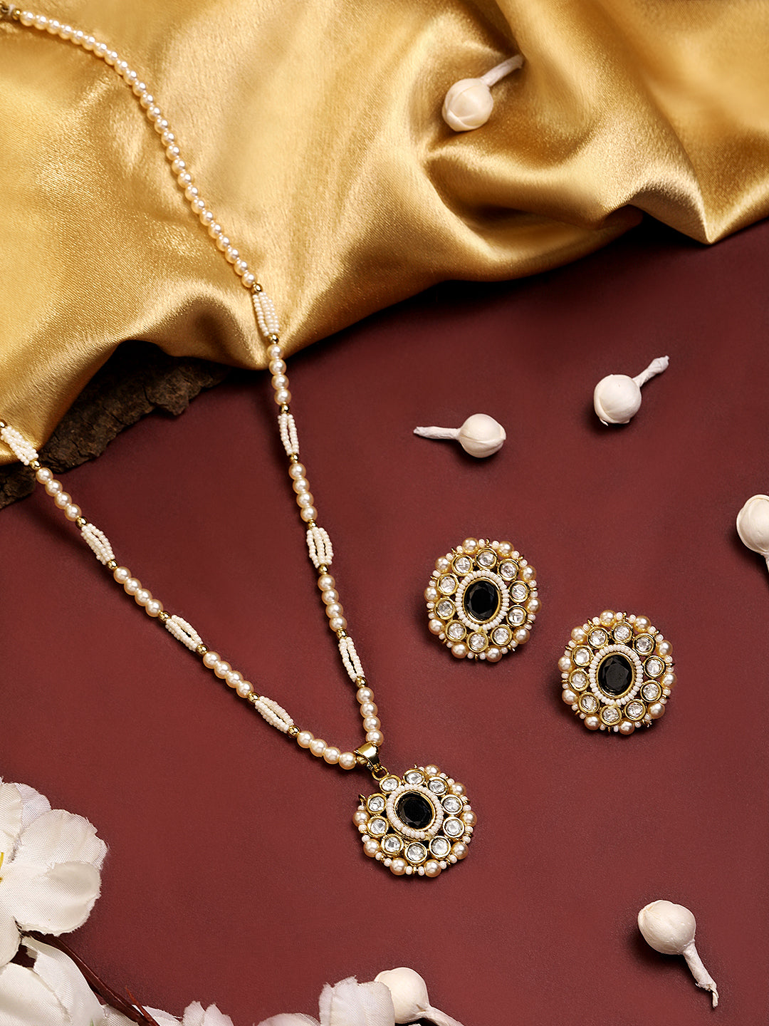 Itrani Royal Pearl Mala with Black Centre Stone and Clear Polki Pendant  Necklace Set  with Matching Stud Earrings