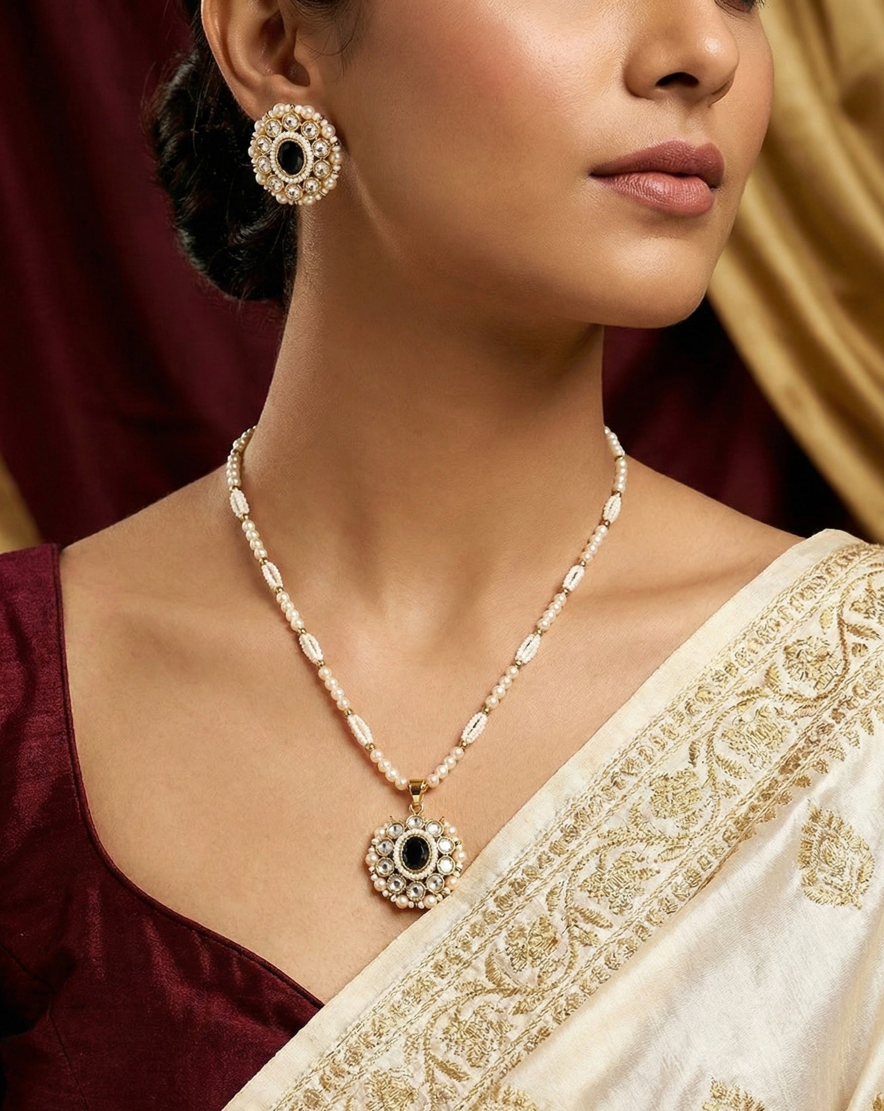 Itrani Royal Pearl Mala with Black Centre Stone and Clear Polki Pendant  Necklace Set  with Matching Stud Earrings